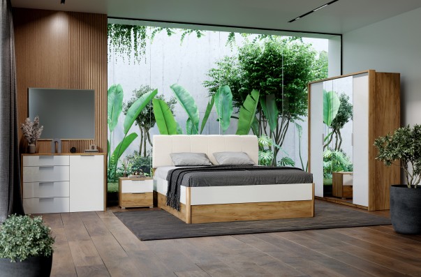 Łóżko 180x200 cm dąb craft z szufladami i biały tapicerowany zagłówek Asti