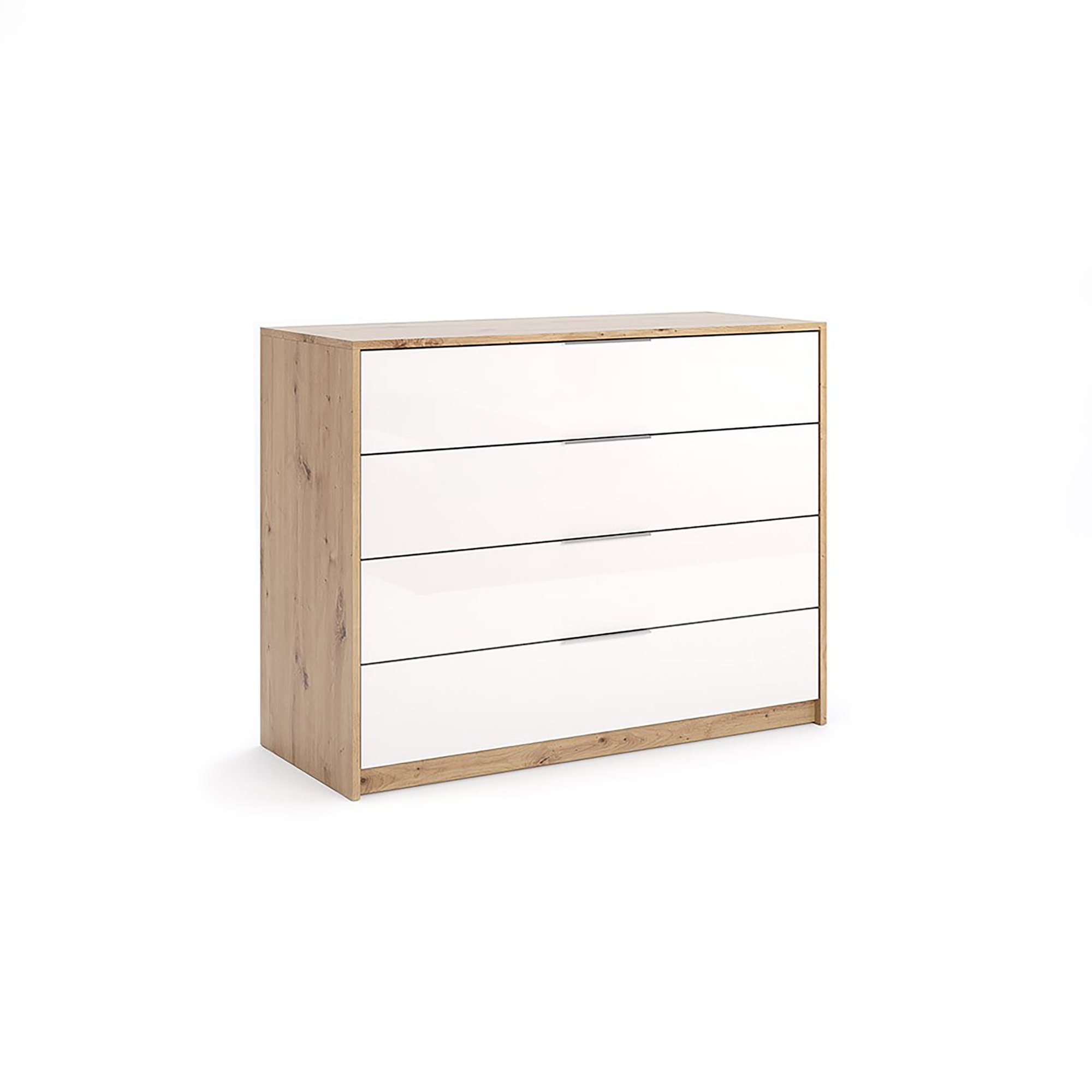 Komoda 110 cm biały połysk dąb artisan 4 szuflady Raymond