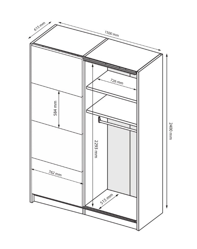 Szafa przesuwna150cm biały połysk dąb craft