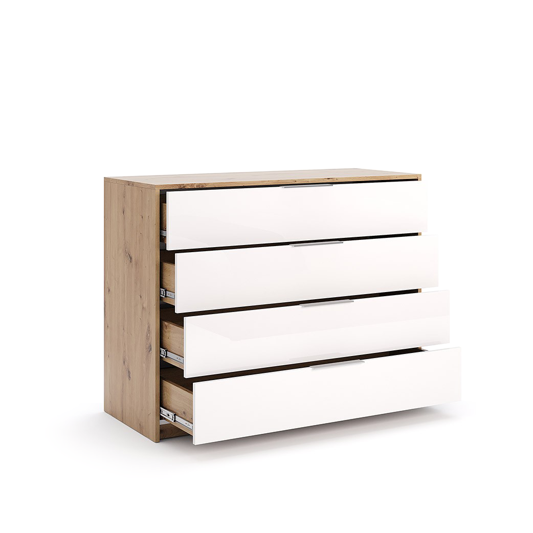 Komoda 110 cm biały połysk dąb artisan 4 szuflady Raymond